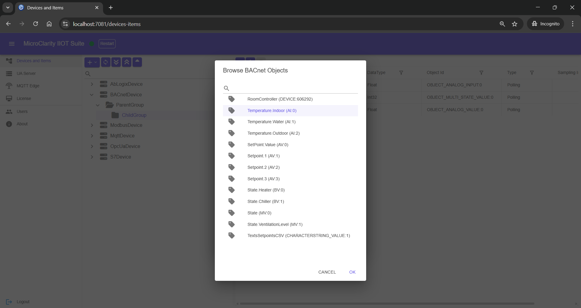 Add item by browsing BACnet device